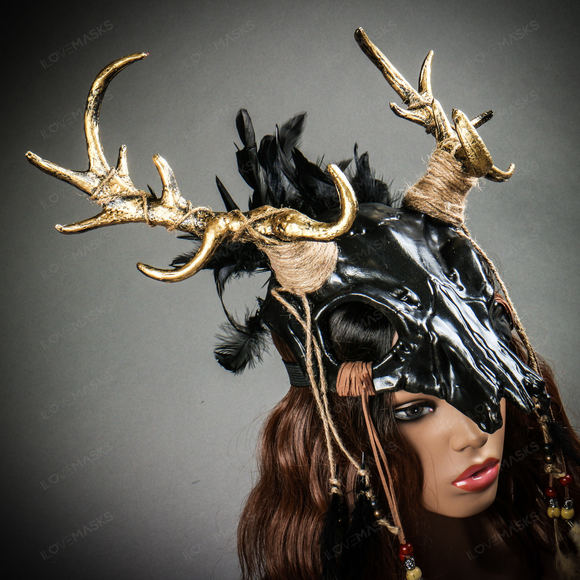 Antelope Devil Gold Deer Horn Skull Ghost Feather Masquerade Mask - Black - Picture 10 of 10